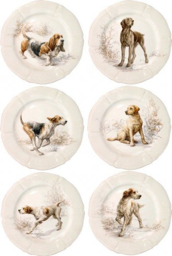 Box of 6 assorted “dog” dessert plates, Sologne, Gien