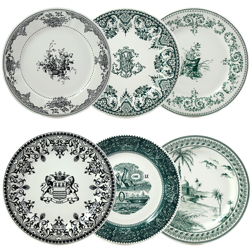 Box of 6 extra assorted plates, Les Dépareillés green, Gien