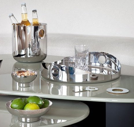 Set GM bowl and 2 coasters, Oh by Christofle steel, Christofle