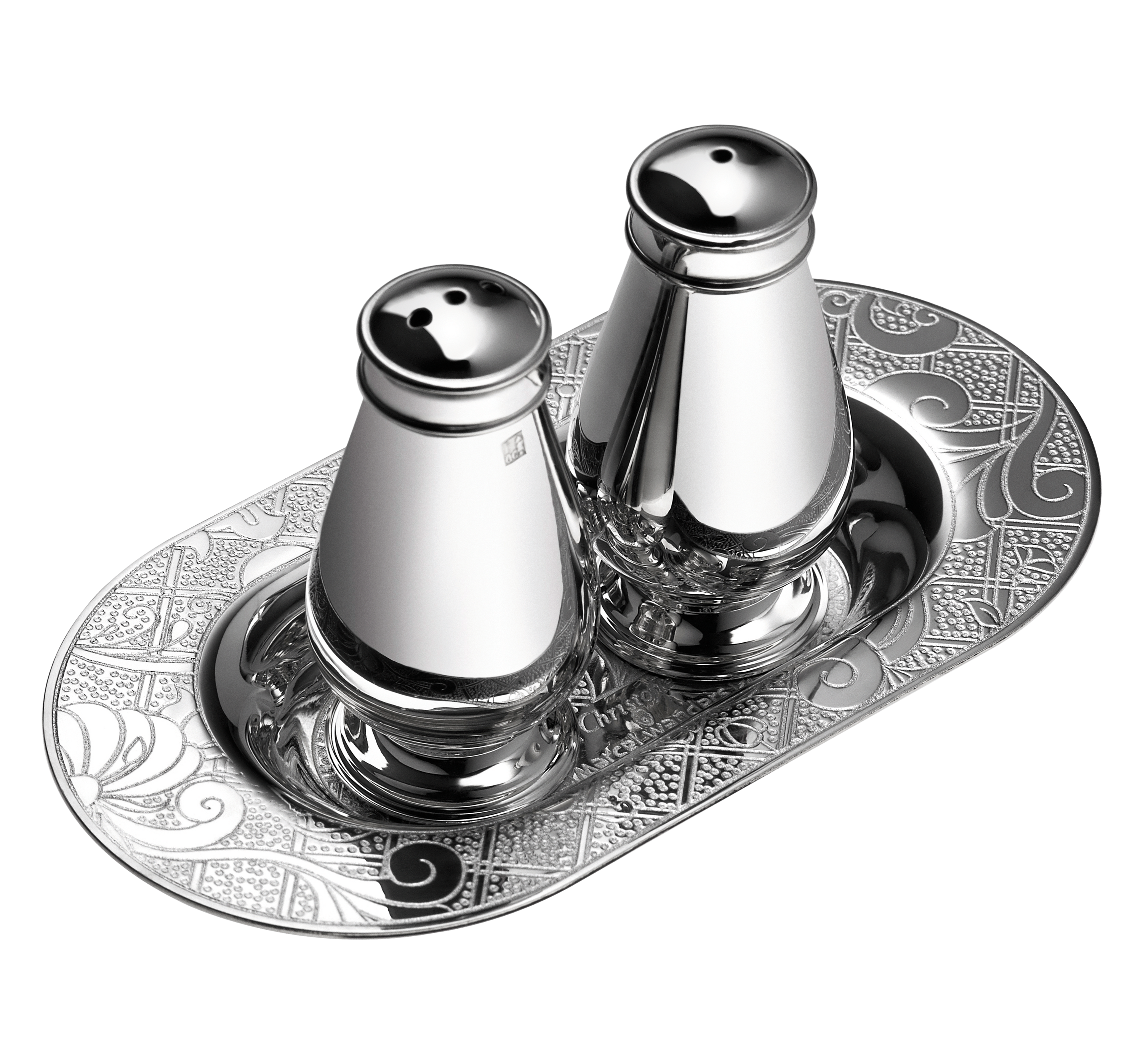 Salt and pepper shakers on tray, Jardin d'Eden silver-plated metal, Christofle