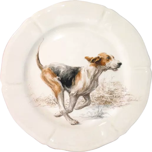 Box of 6 assorted “dog” dessert plates, Sologne, Gien