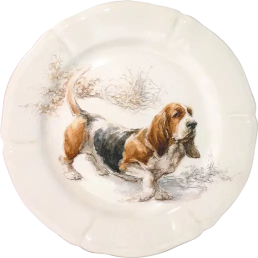 Box of 6 assorted “dog” dessert plates, Sologne, Gien