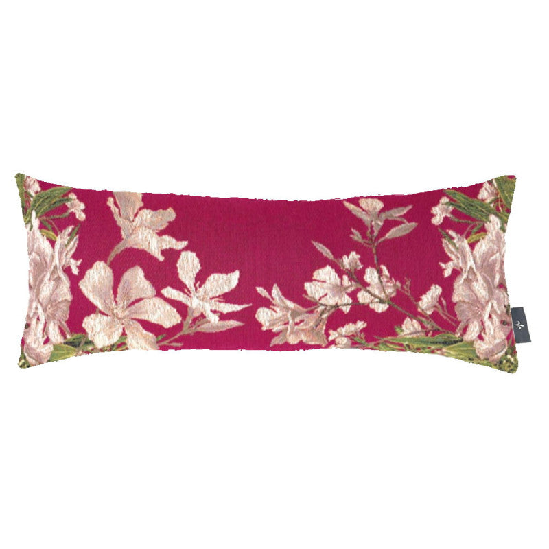 Housse de Coussin Long 22x58cm, Laurier Blanc Fond Rose, ART DE LYS