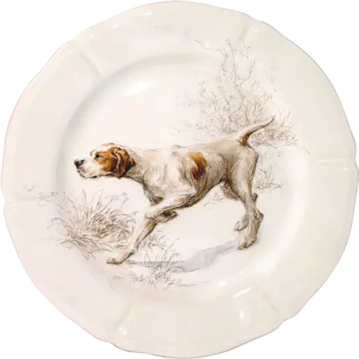 Box of 6 assorted “dog” dessert plates, Sologne, Gien