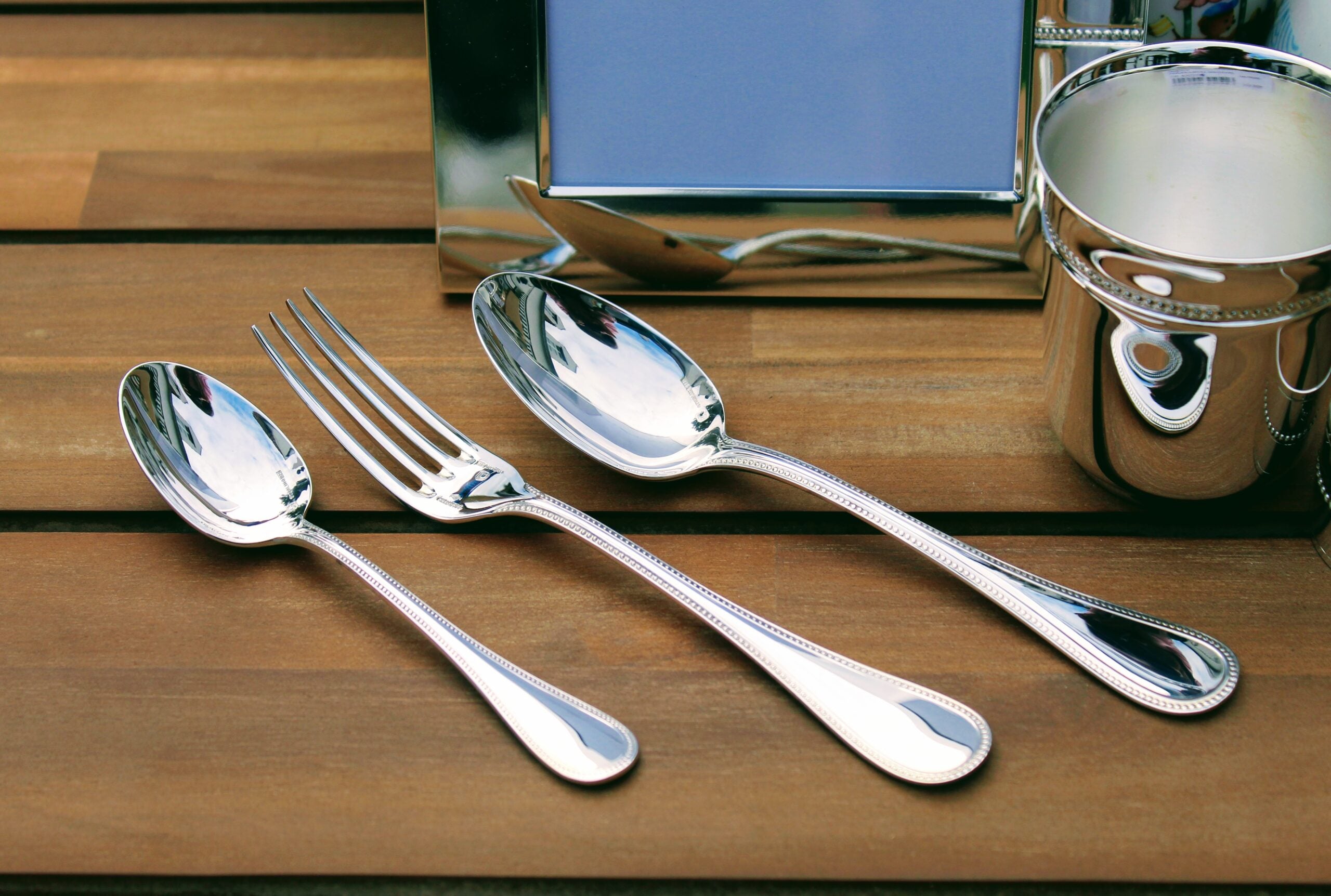 3-piece children's cutlery set, solid silver beads, Christofle