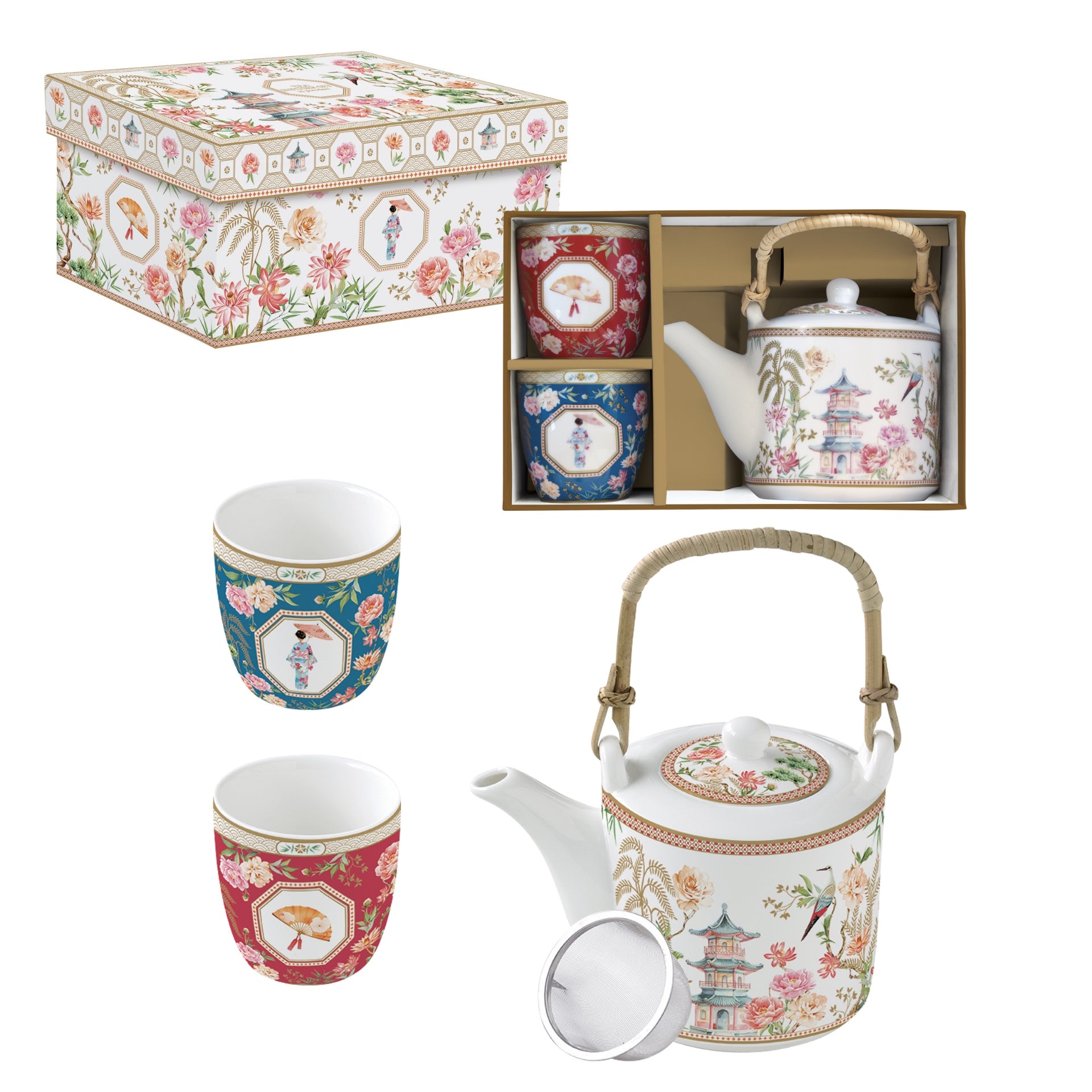 COFFRET THEIERE 60CL AV/FILTRE INOX + 2 GOBELETS 16 CL EN PORC. JARDINS D'ORIENT, Easylife