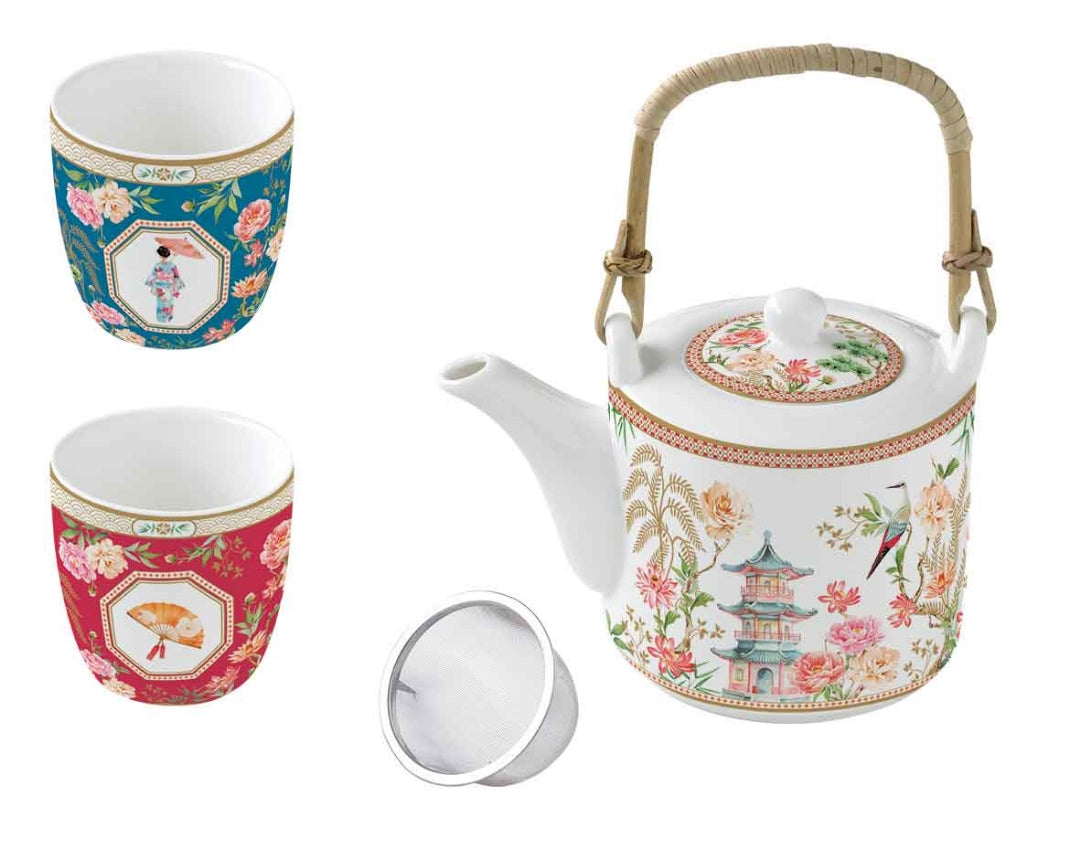 COFFRET THEIERE 60CL AV/FILTRE INOX + 2 GOBELETS 16 CL EN PORC. JARDINS D'ORIENT, Easylife