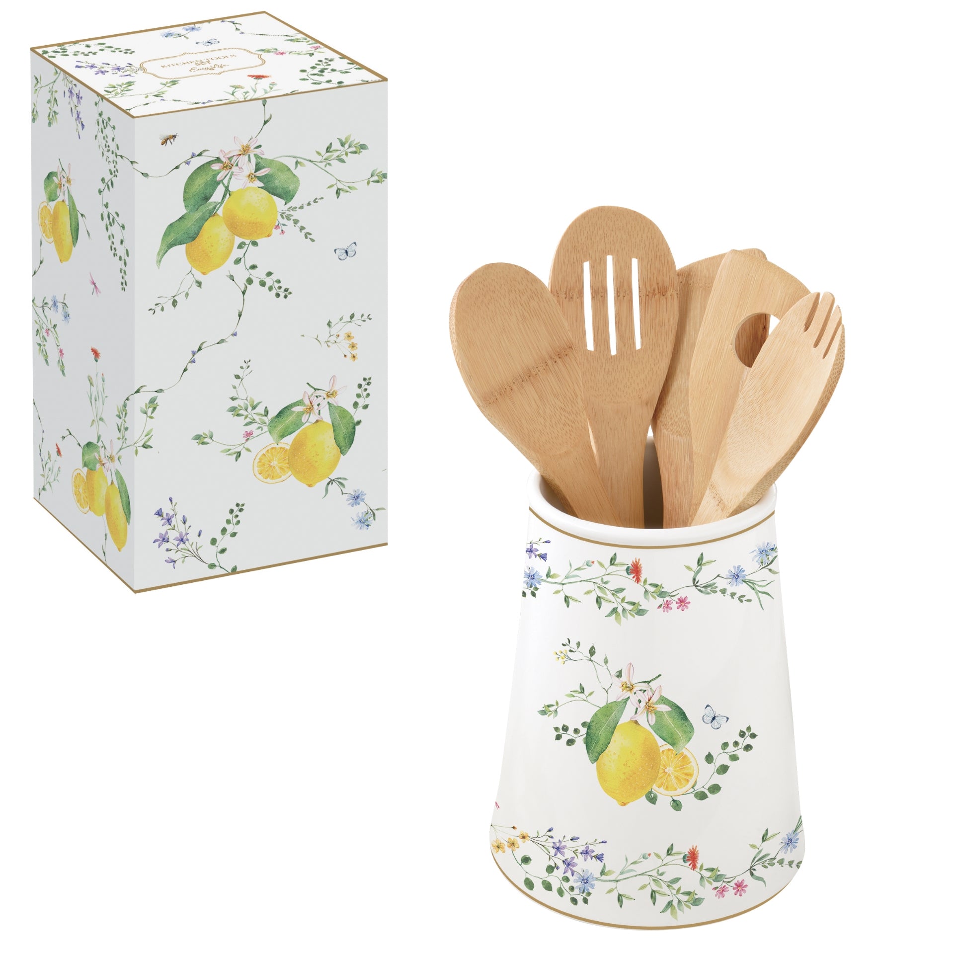 PORTE USTENSILE -AVEC 5 USTENSILES DE CUISINE EN BAMBOU FLEURS ET CITRONS, Easylife
