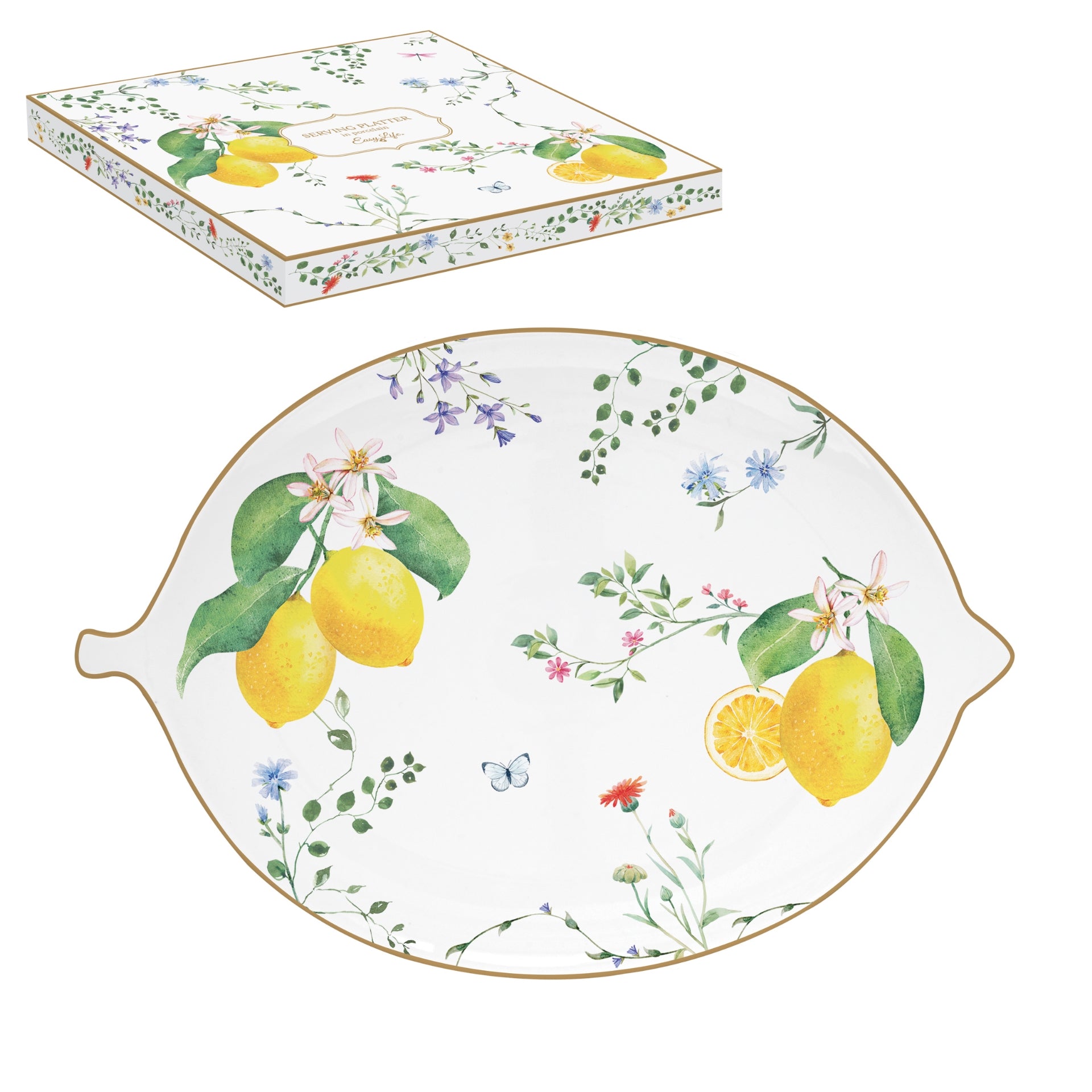 ASSIETTE FORME CITRON 25X18CM EN PORCELAINE FLEURS ET CITRONS, Easylife