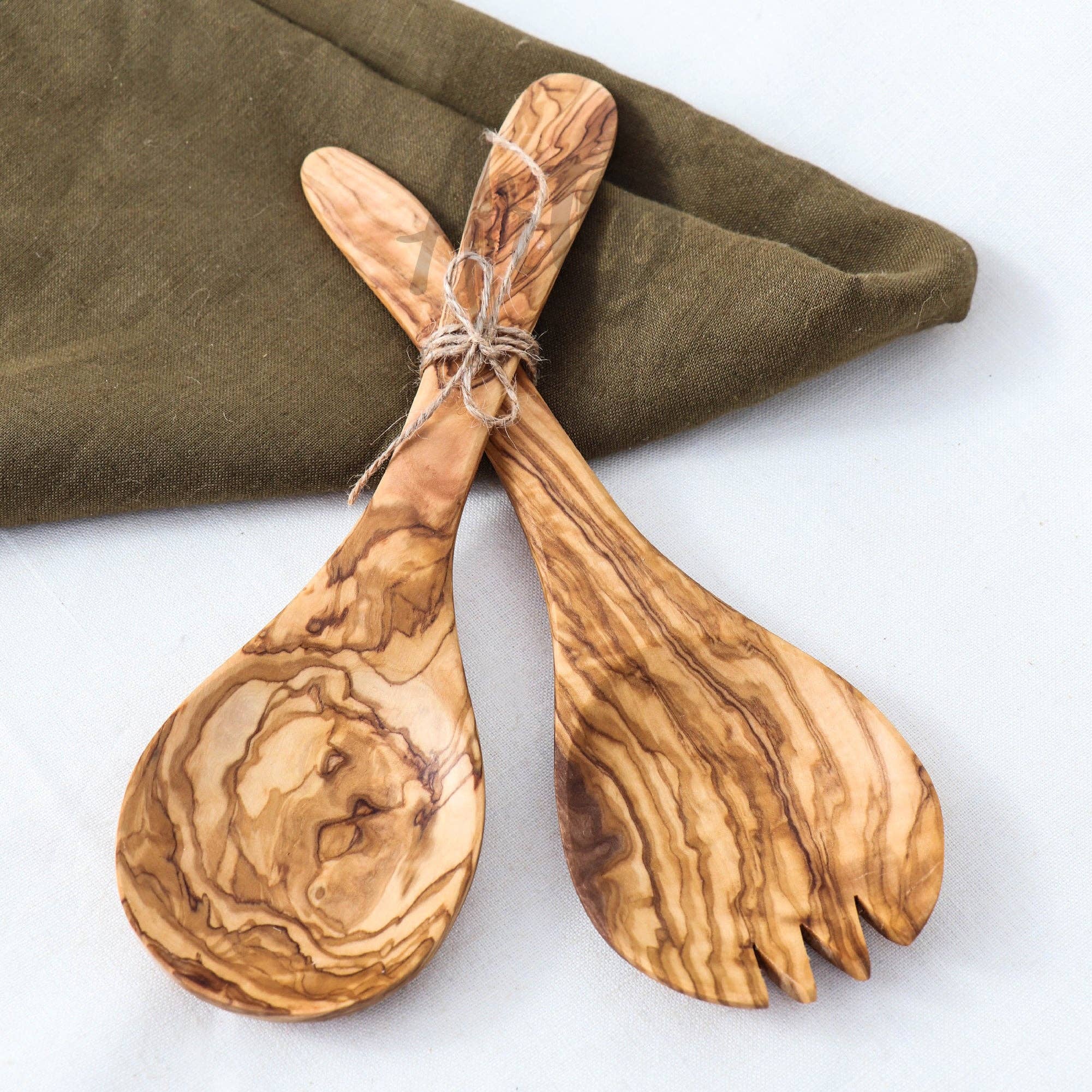 Set de couverts à salade en bois d’olivier – cuillère et spork faits à la main