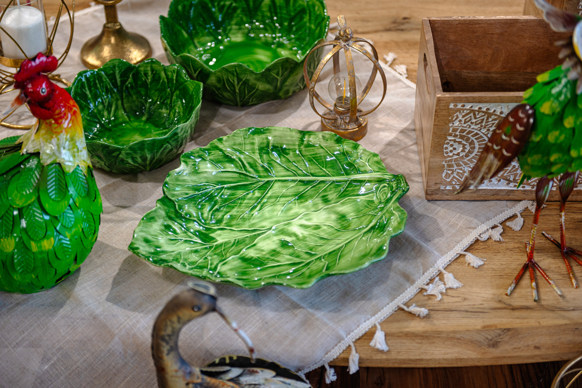 Assiette feuille de chou vert en céramique, fabriquée en Italie, diamètre 38 cm