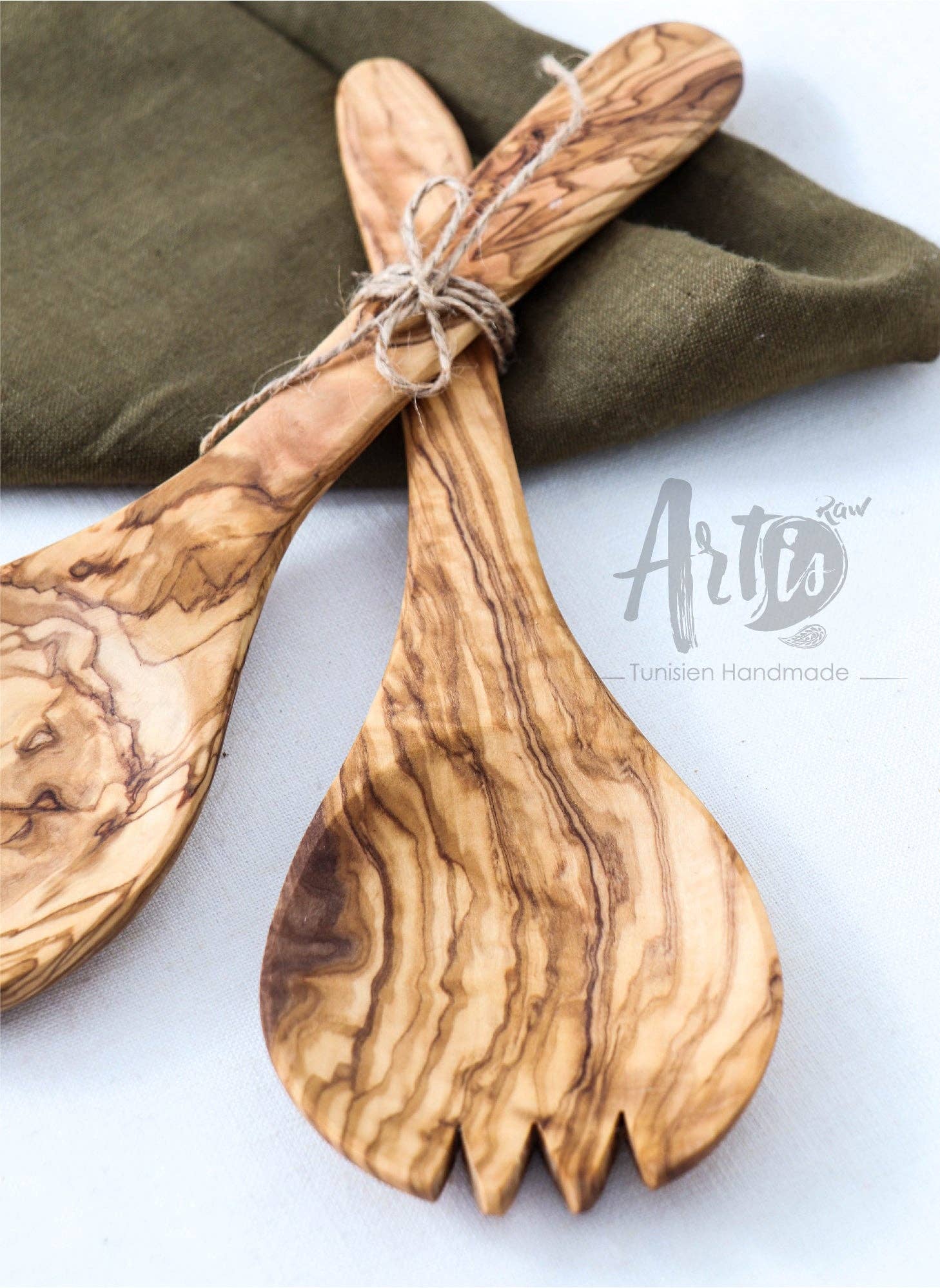 Set de couverts à salade en bois d’olivier – cuillère et spork faits à la main