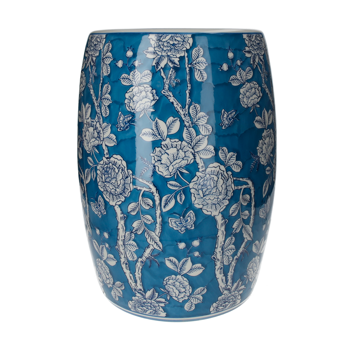 Pouf en porcelaine bleue avec décors blancs H 45 x Ø 28 cm