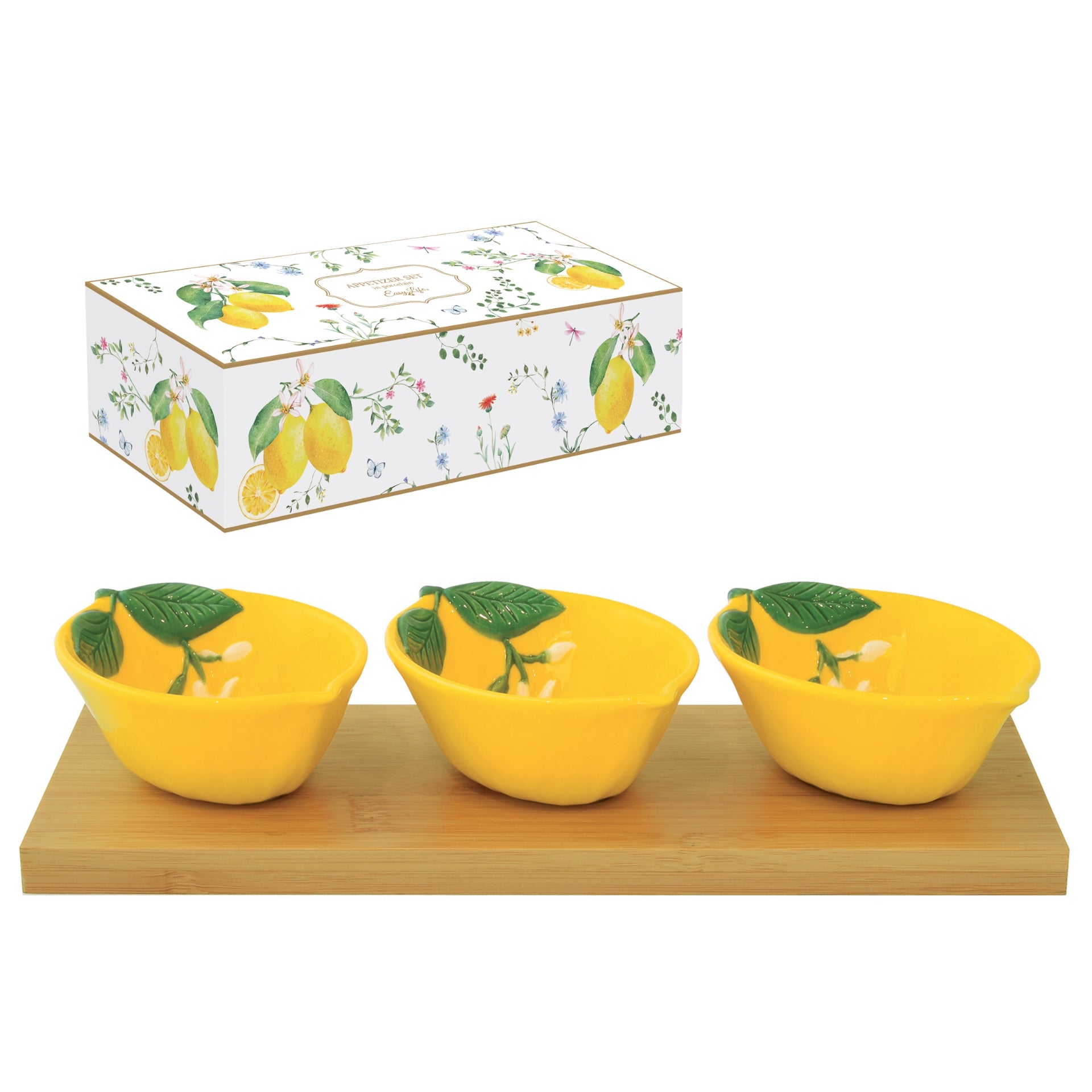 COFFRET SET APERITIF 3 BOLS CITRON SUR PLATEAU BAMBOU FLEURS ET CITRONS, Easylife