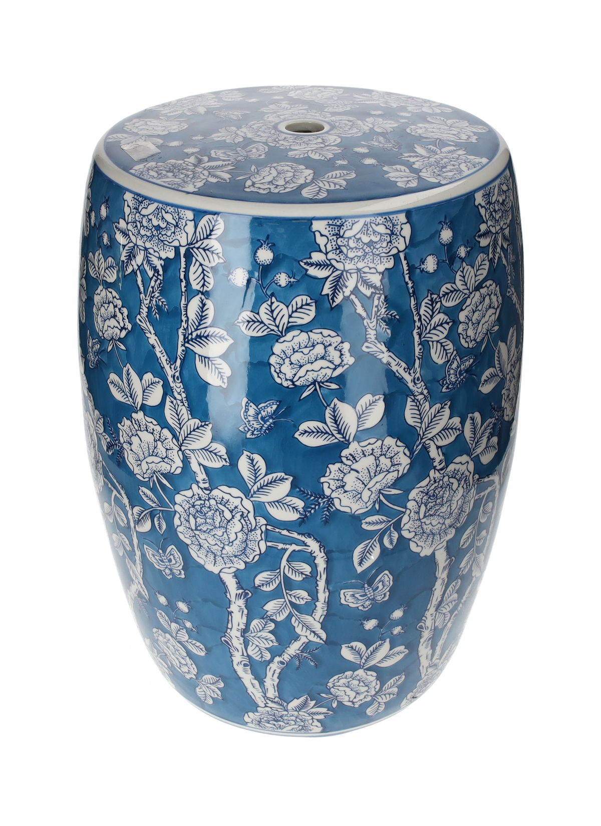 Pouf en porcelaine bleue avec décors blancs H 45 x Ø 28 cm