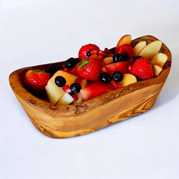 Bol rustique sculpté à la main en bois d'olivier: 18 cm x 12 cm x 8 cm