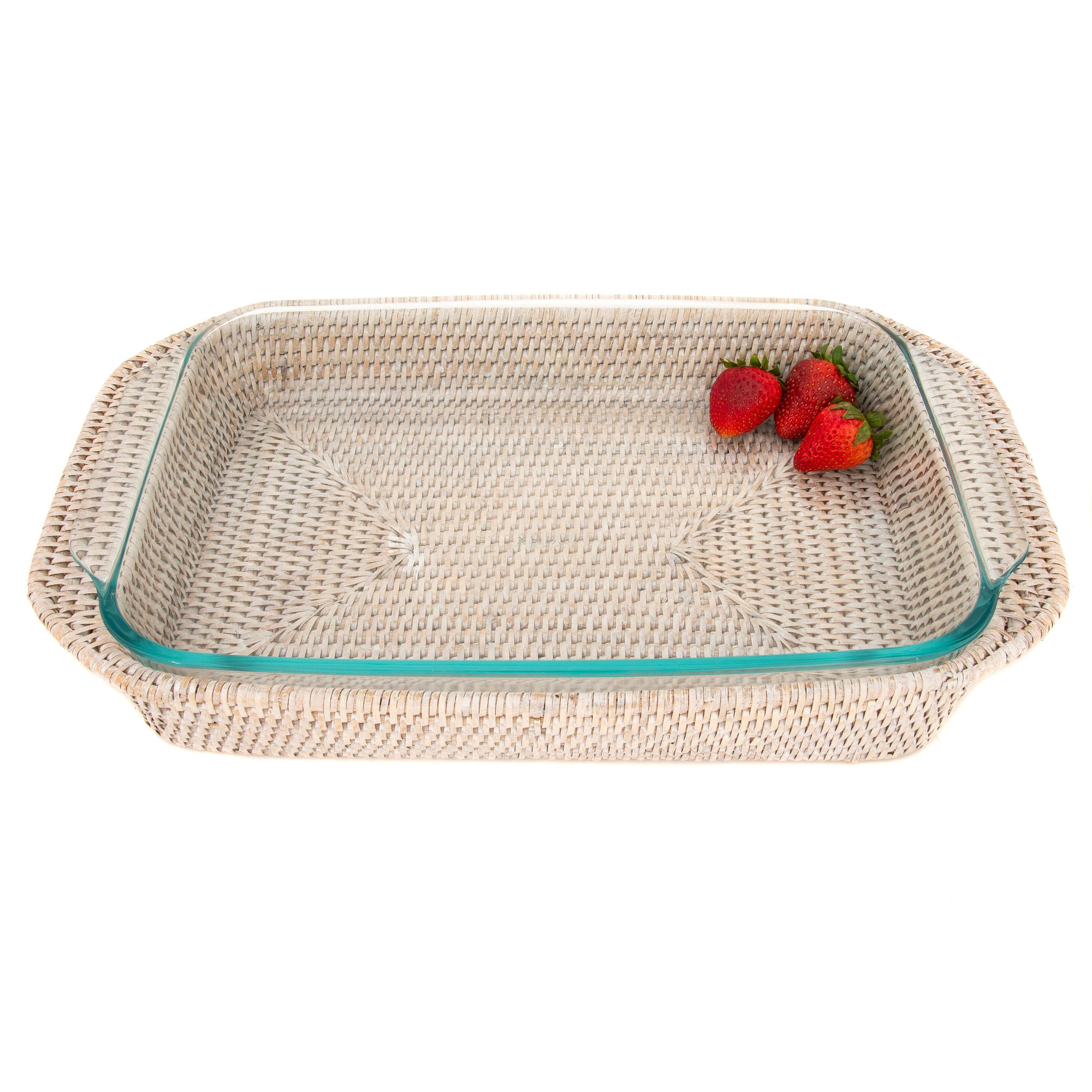 Panier rectangulaire en rotin : 13", Pyrex inclus: Lavage blanc