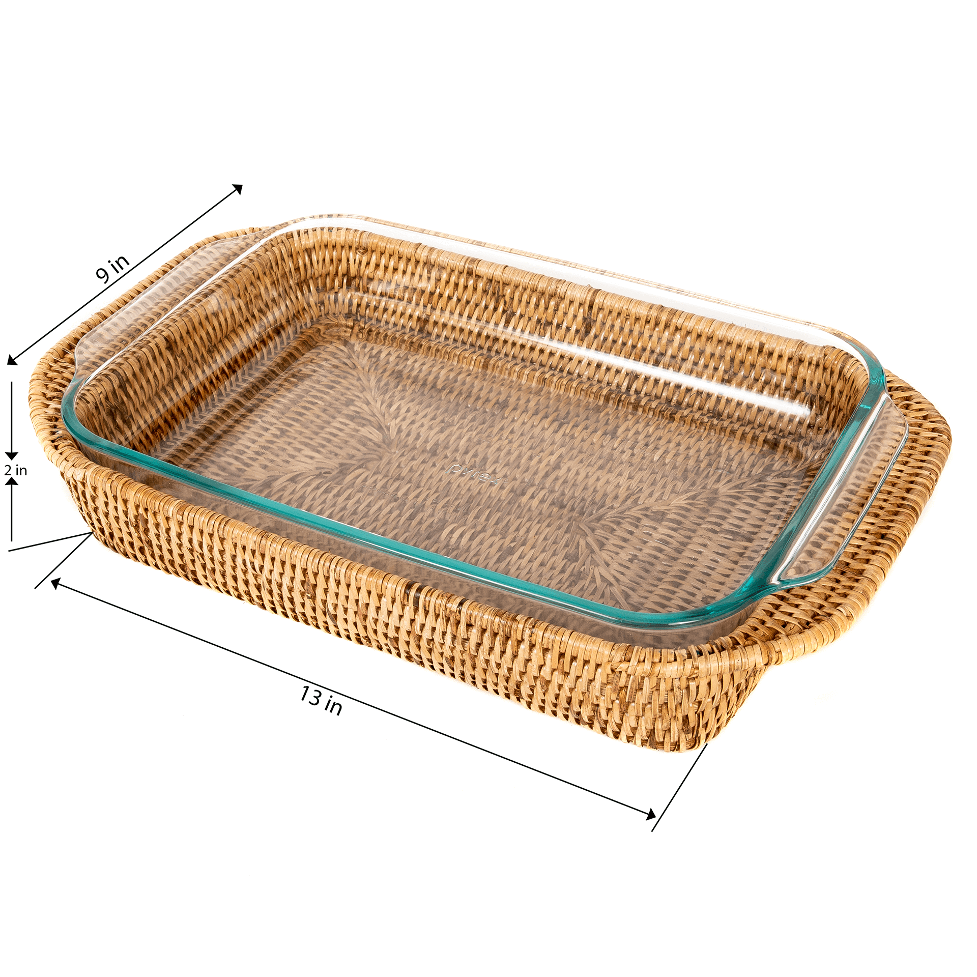 Panier rectangulaire en rotin : 13", Pyrex inclus: Lavage blanc