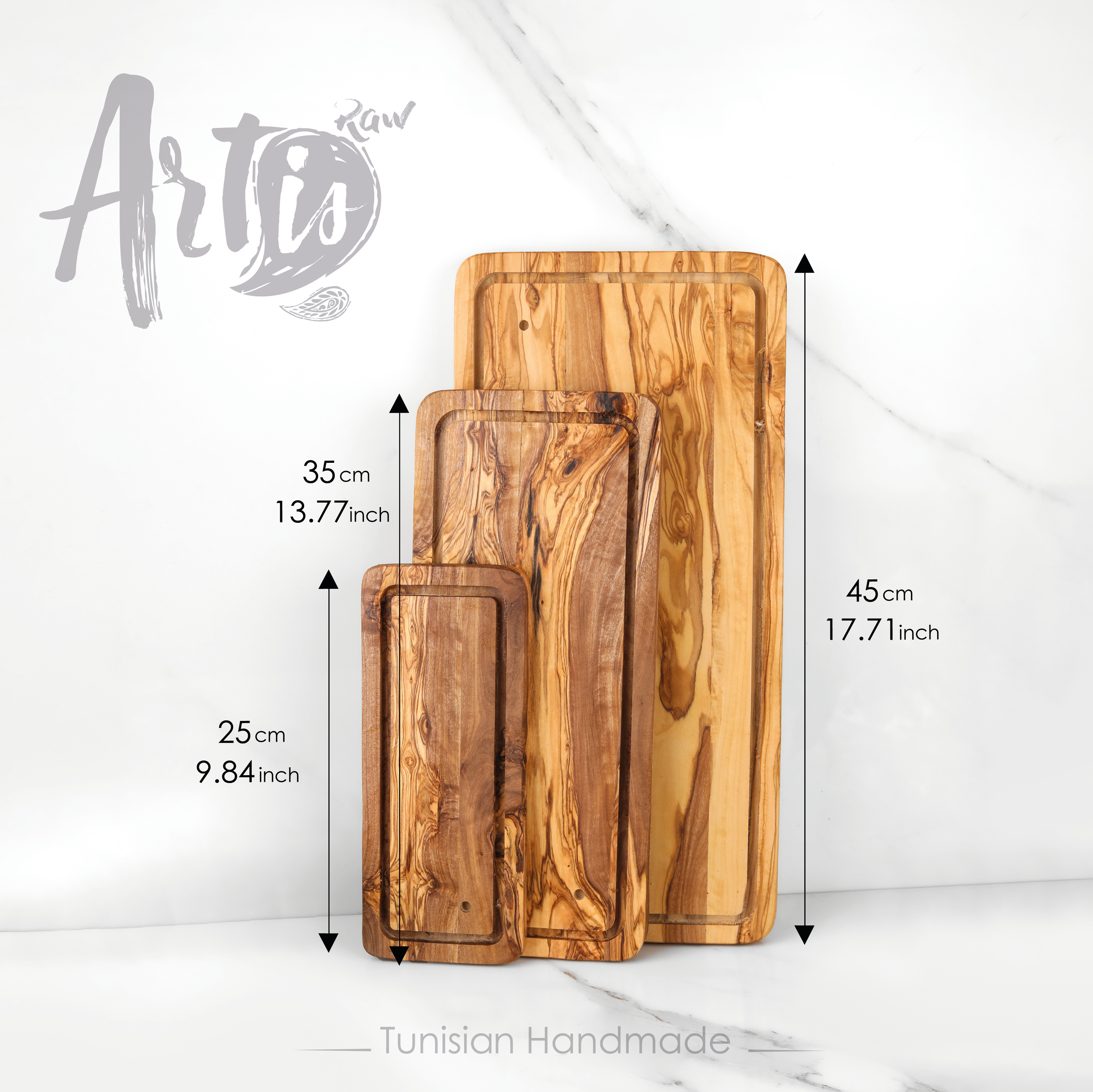 Planche à découper en bois d'olivier fait main - Rectangulaire avec rainure: 17,71 pouces (45 cm)