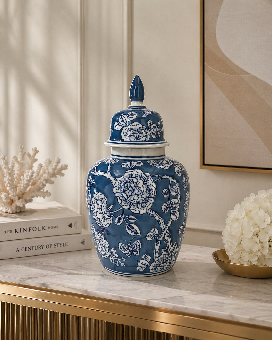 Vase potiche en porcelaine bleue avec bouchon H 45 x 20 cm
