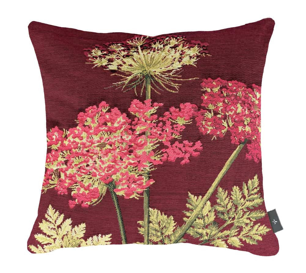 Housse de Coussin 48x48cm, Trois Ombelles Roses Fond Rouge, ART DE LYS