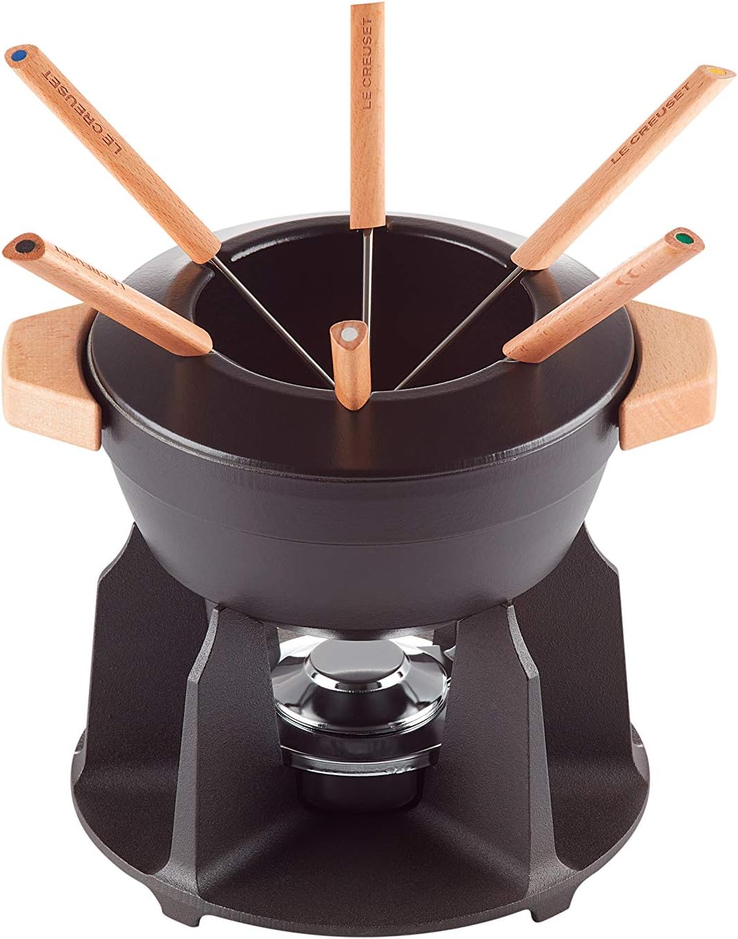 Service à fondue en fonte émaillée manche en bois, Noir mat, LE CREUSET
