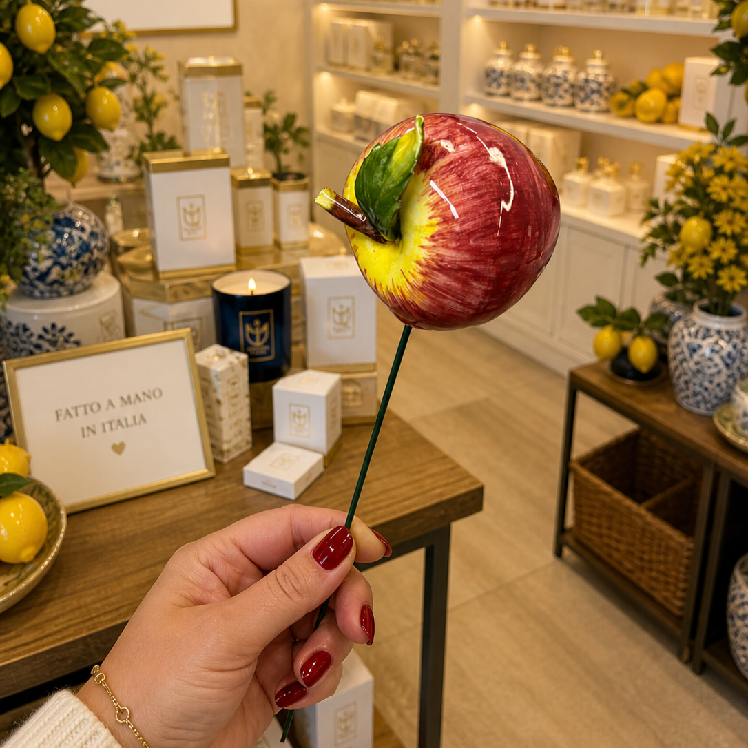 Pomme en céramique italienne, tige 6-7 cm – Décor fait main