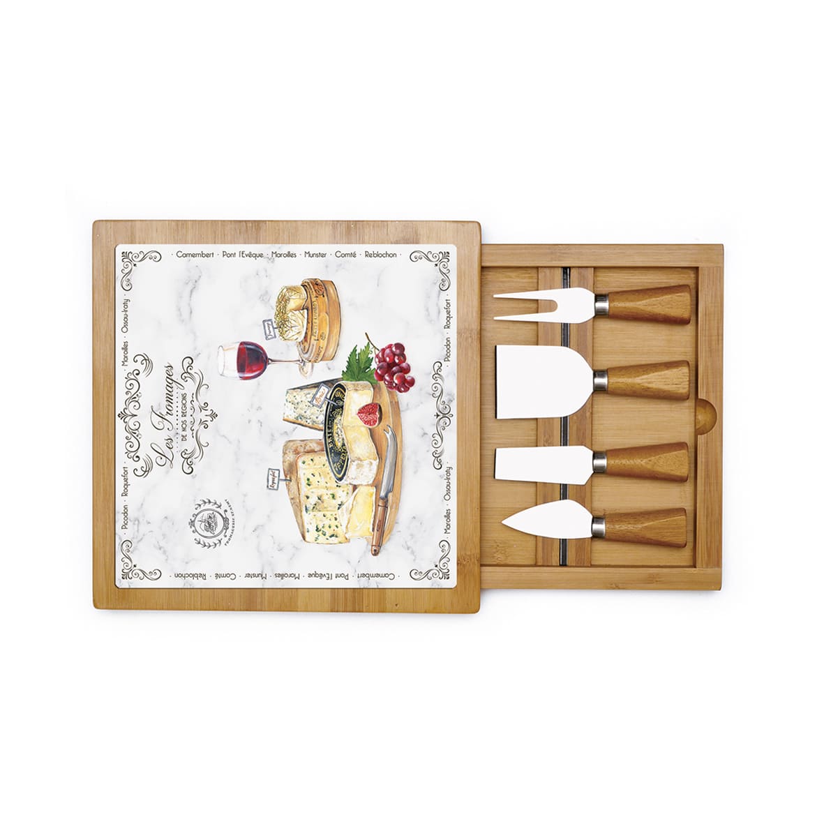 Plateau à fromage en bambou avec plateau en verre et couteaux LES FROMAGES
