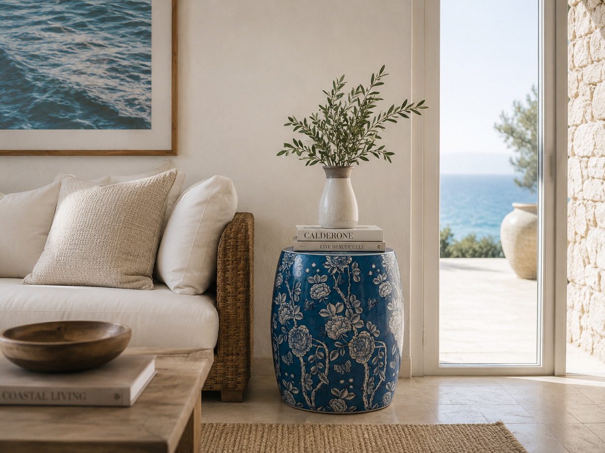 Pouf en porcelaine bleue avec décors blancs H 45 x Ø 28 cm