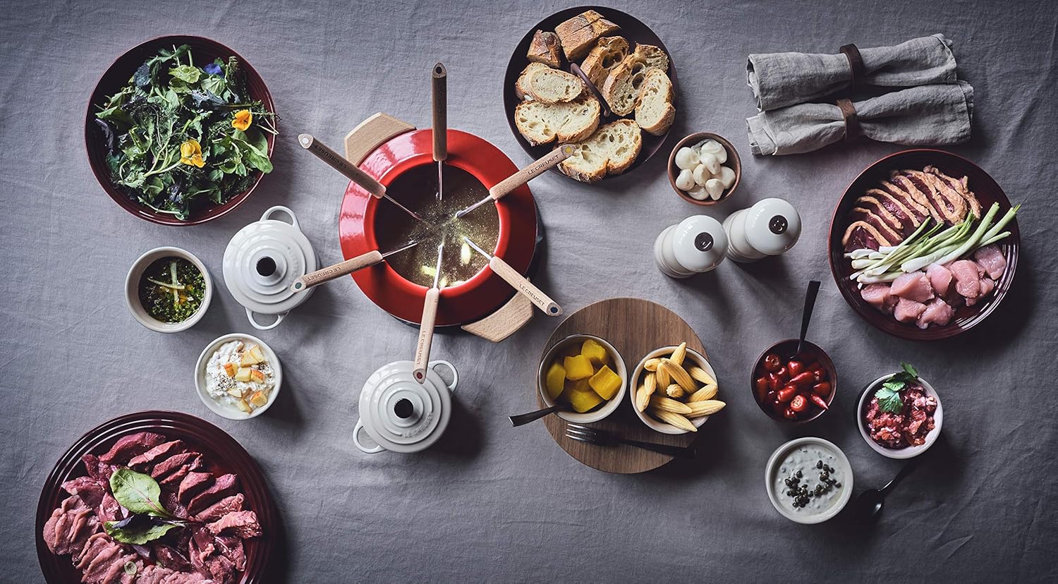 Service à fondue en fonte émaillée manche en bois, Noir mat, LE CREUSET