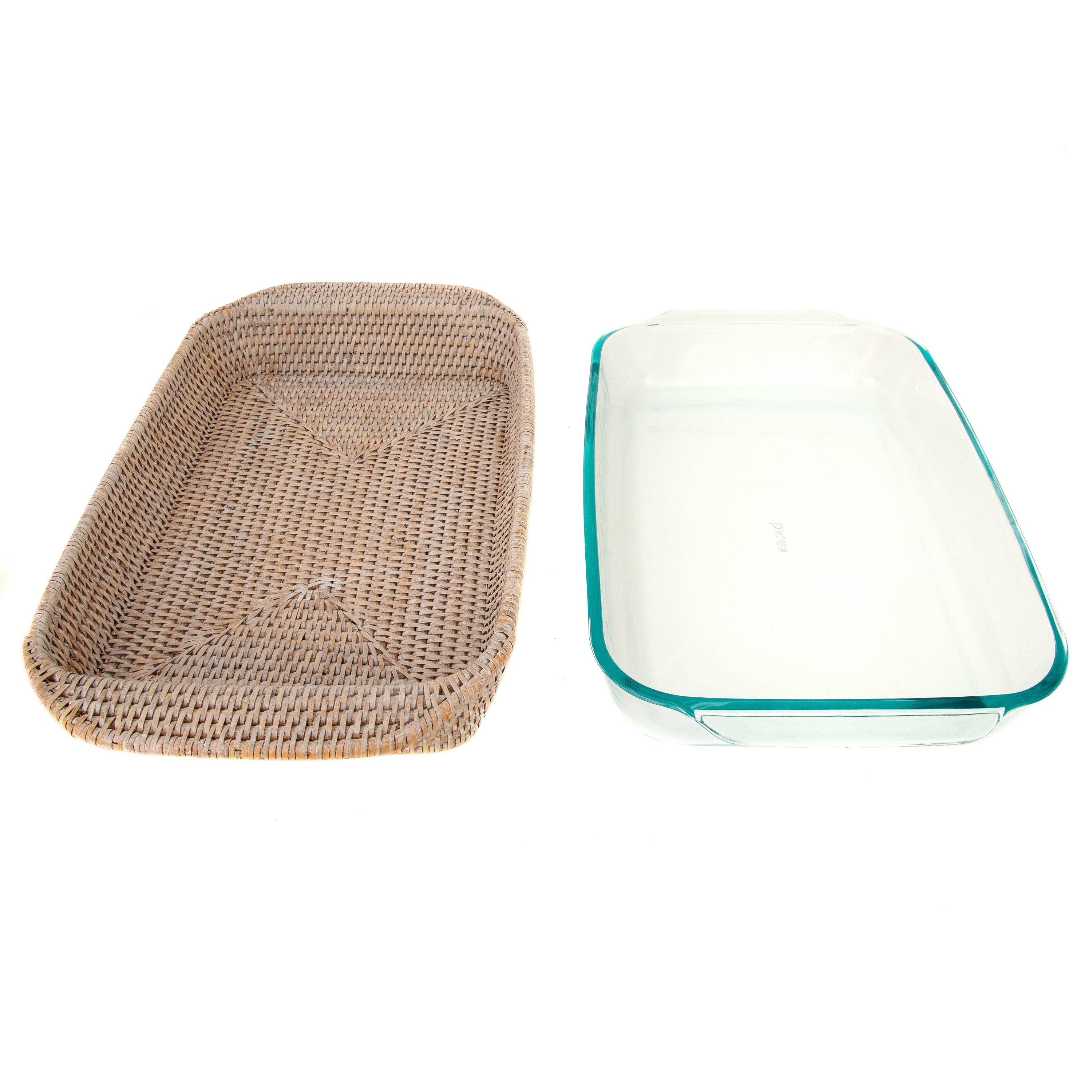 Panier rectangulaire en rotin : 13", Pyrex inclus: Lavage blanc