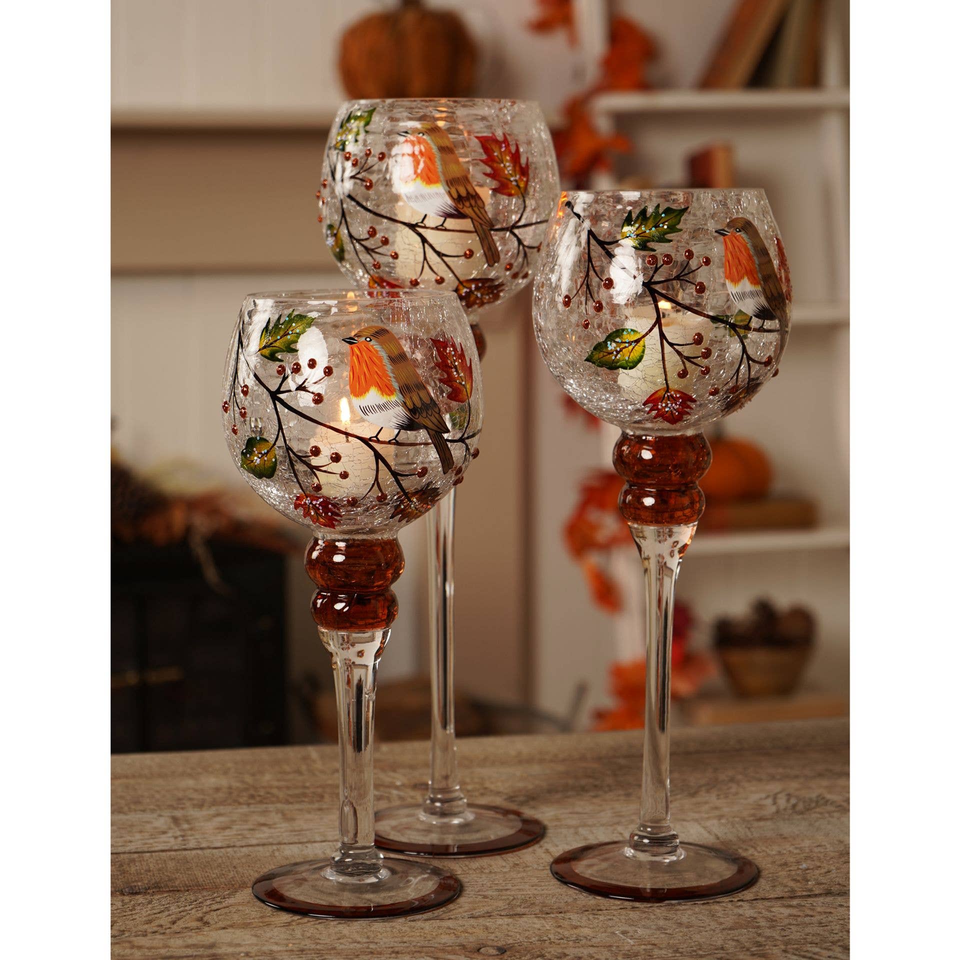 Ensemble de 3 porte-bougies Country Living Automne Robin 13x30cm, 13x35cm et 13x40cm