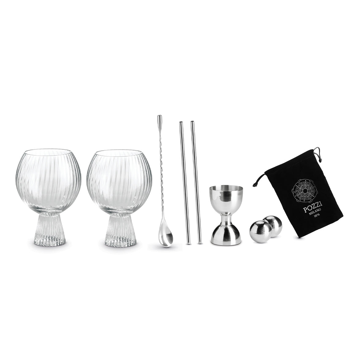 Coffret à cocktail 8 pièces argenté, Pozzi