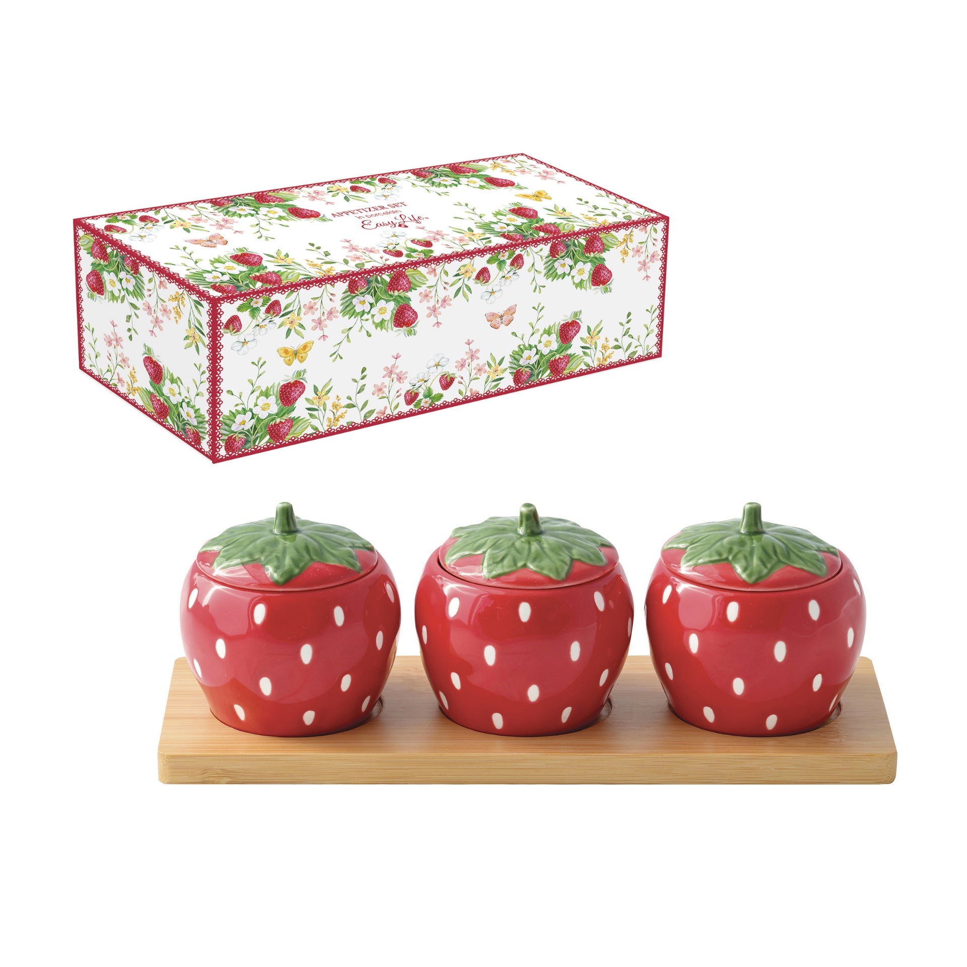 Service apéritif en bambou 25x9 cm et 3 bols en forme de fraise Ø 7,5x8 h cm. JARDIN DES FRAISES, easylife