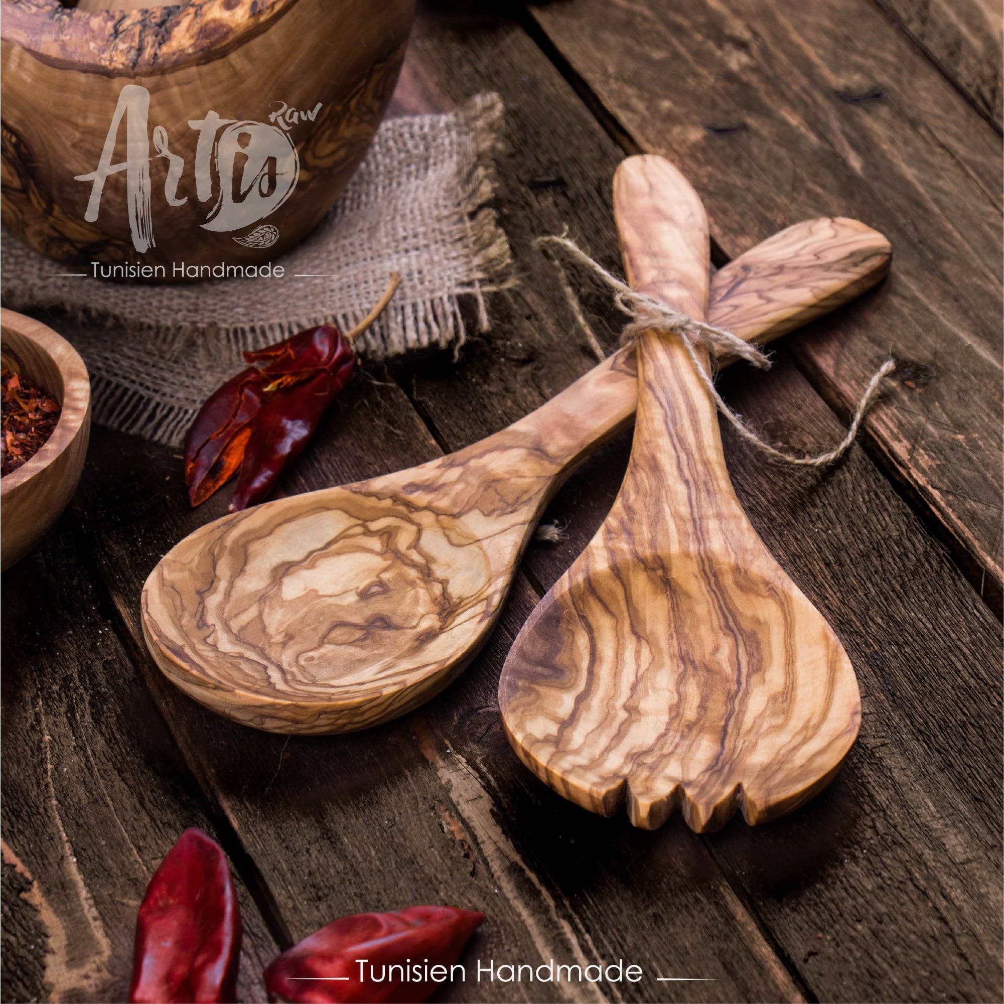 Set de couverts à salade en bois d’olivier – cuillère et spork faits à la main