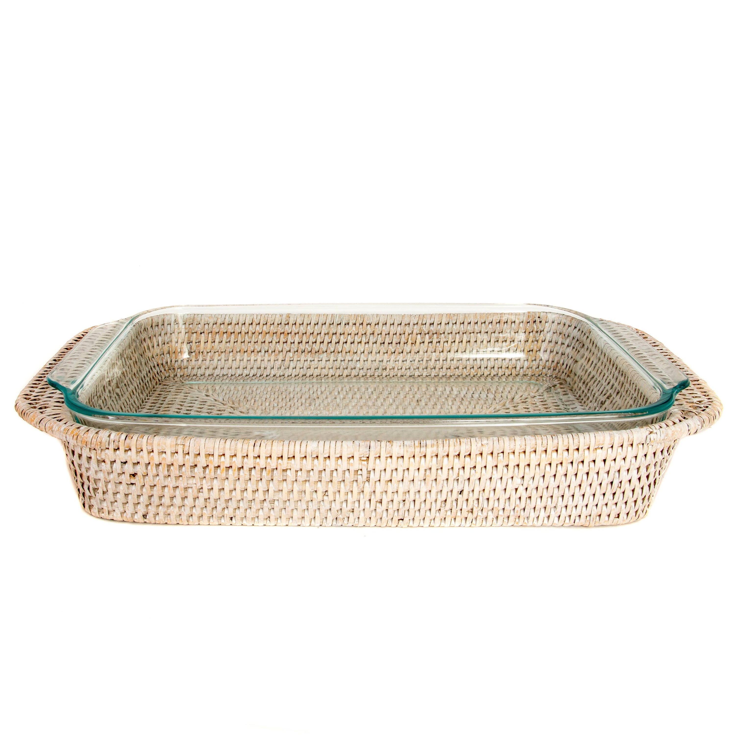 Panier rectangulaire en rotin : 13", Pyrex inclus: Lavage blanc