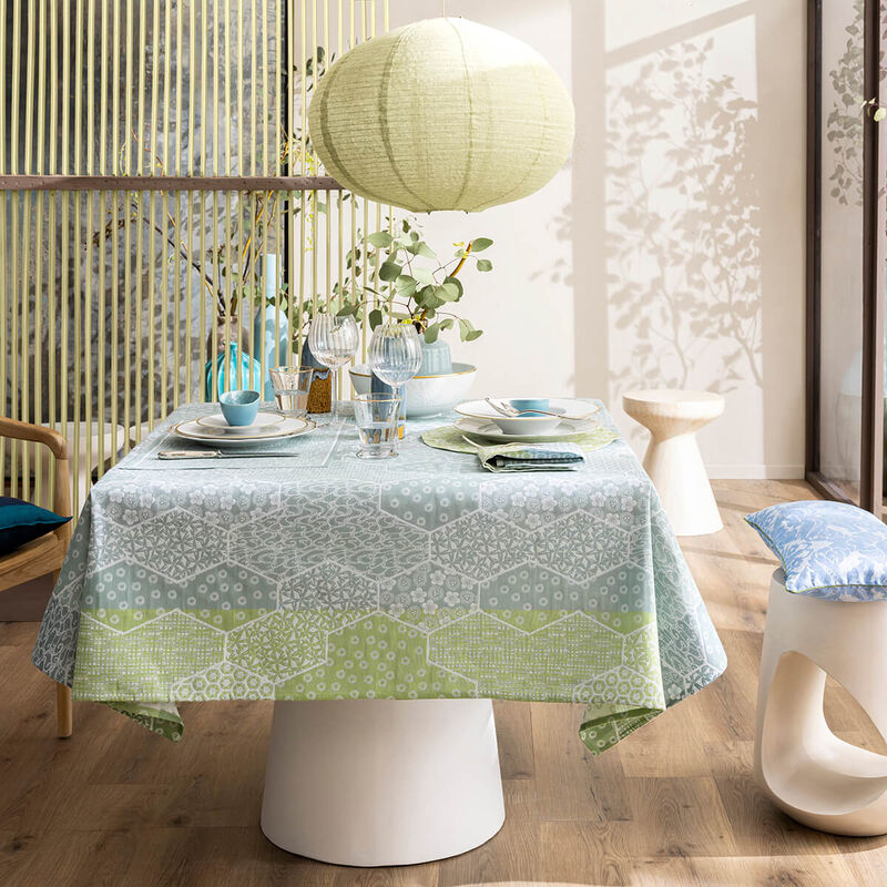 Nappe Enduite 150x260cm, Wagara  Celadon, Le Jacquard Français