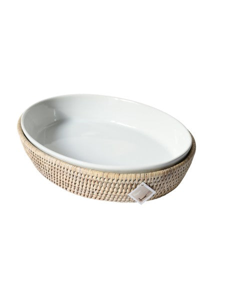 Plat ovale en rotin naturel blanc cérusé et porcelaine blanche, Kauk
