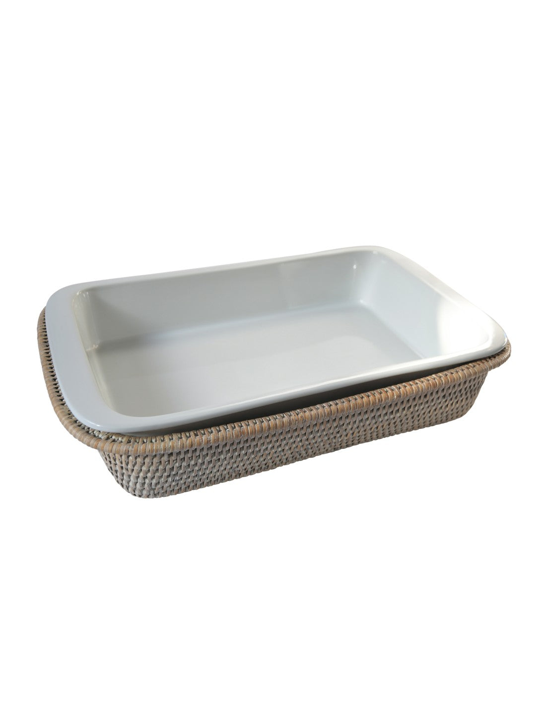 Plat rectangulaire&nbsp; en rotin blanc cérusé et porcelaine blanche - Salay&nbsp;