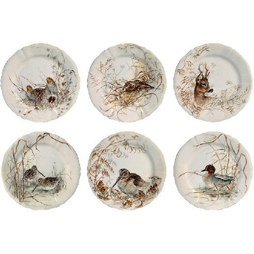 Box of 6 assorted dessert plates "Gibiers", Sologne, Gien