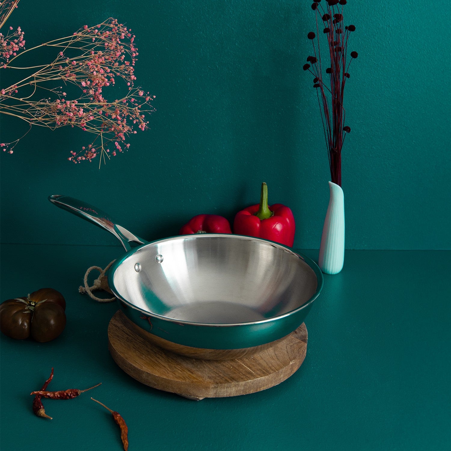 Wok 32 cm Inox Castel Pro fixe Sans Couvercle, Cristel